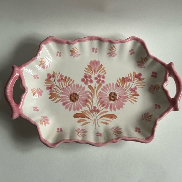 HB Quimper France Faience Camaieu Pink Floral Platter Tray With Handles - Picture 7 of 8